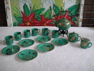 Antique Vintage Porcelain Gold Dragon Hand Painted Pagoda China Tea Set