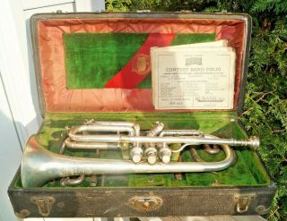 Vintage Antique 1910s Frank Holton Silver Cornet Horn Musical Instrument Trumpet