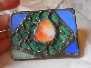 Vintage Handmade Stained Glass Brass Belt Buckle C1960s - 1970s