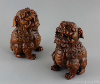 Aaa Collect Old Boxwood Hand - Carved A Pair Roar Lion Exorcism Auspicious Statue