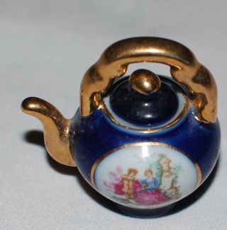 Vintage Mini Tea Pot Cobalt Blue Gold Victorian Romance Scene Porcelain 2.  5 " Lid