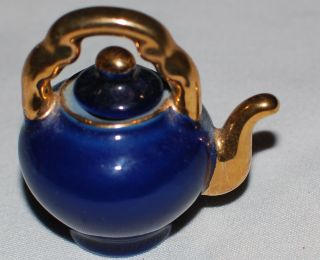 Vintage Mini Tea Pot Cobalt Blue Gold Victorian Romance Scene Porcelain 2.  5 