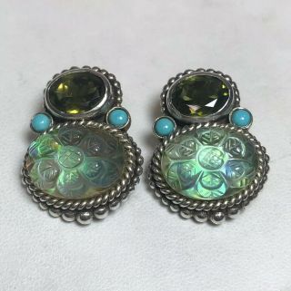 Stephen Dweck Clip On Carved Quartz Crystal Turquoise Peridot Earrings