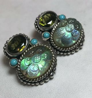Stephen Dweck Clip On Carved Quartz Crystal Turquoise Peridot Earrings 3