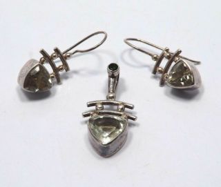 Vintage Sajen Sterling Silver Light Green Faced Quartz Pendant And Earring Set