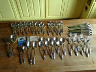 Vintage 54 Piece Set First Love Silver Plate Flatware W/ Chest 1847 Rogers Bros