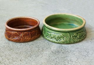 Vintage Nelson Mccoy Pottery Green & Brown Hunting/bird Dog Stoneware Bowls