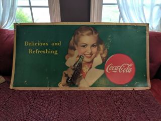 Vtg 1948 Coca - Cola Cardboard Sign " 27 1/2 " X 56 " Delicious And Refreshing Look