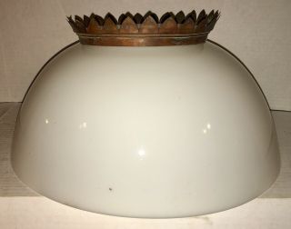 Vintage White Milk Glass Hanging Parlor Oil Lamp Shade Large 14 " Brass Crown