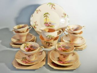 Rare 21pc Antique Art Deco Aynsley Pink Scenic Teaset Tea Set Cup Saucer Plate