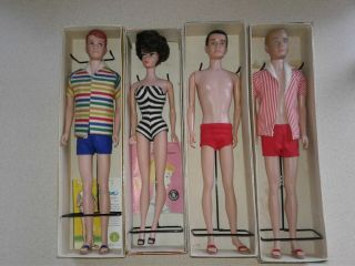 Vintage Brunette Bubble Cut Barbie,  Ken Flocked,  Ken And Allan W/box