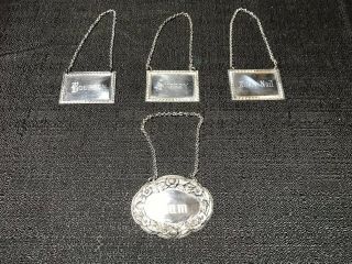 Antique (4) S Kirk & Son Sterling Silver Liquor Decanter Tags Rum Bourbon Sherry
