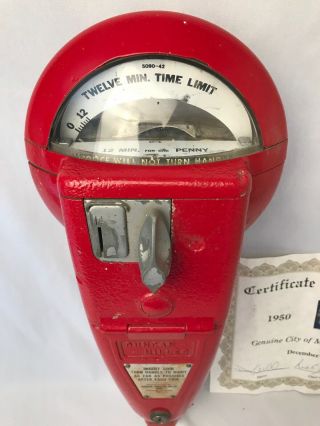 Vintage 1c DUNCAN MILLER 12 Minute Parking Meter w/COA Merrill,  Wisconsin Retire 2