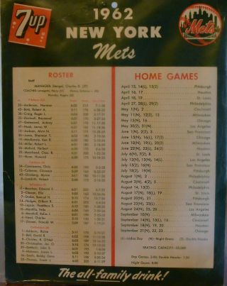 1962 York Mets/7 Up Store Display Cardboard Schedule 10x13 Very Rare