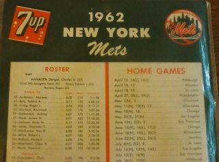 1962 YORK METS/7 Up Store Display Cardboard Schedule 10x13 VERY RARE 2