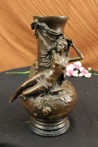 Vintage Signed Moreau Nude Nymph Art Statue Bronze Vase Marble Base 13 " Tall Art
