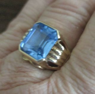 Antique Vintage Mens Art Deco Blue Topaz 10k Solid Gold Ring 2
