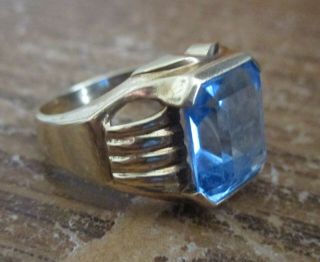Antique Vintage Mens Art Deco Blue Topaz 10k Solid Gold Ring 5