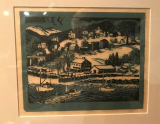 Carrol Thayer Berry Linocut Print - Winter In Rockport,  Maine Rare
