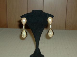 Vintage Christian Dior Faux Pearl Rhinestone Dangle Earrings Vgc Look