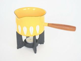 Vintage Cathrineholm Yellow Lotus Enamel Butter Warmer W/ Cast Iron Stand Norway