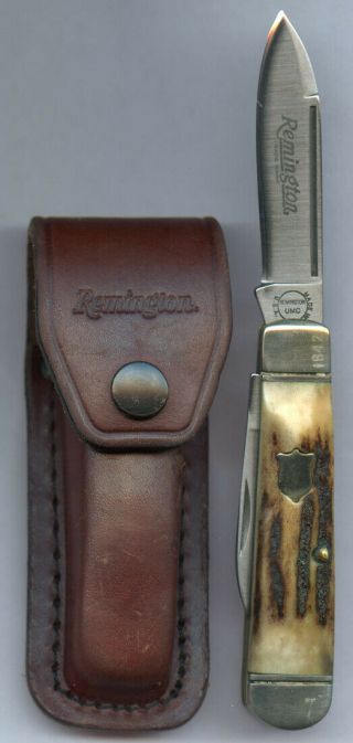 Remington Usa.  R106 Vintage Jack Knife Stag Handle With Leather Sheath Nmos.