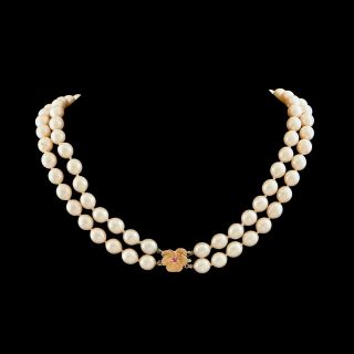 Antique Vintage Deco Retro 14k Yellow Gold Faux Pearl Ruby Floral Bead Necklace 3