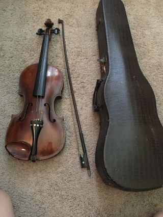 Antique Fiddle With Bow And Vintage Coffin Case.  Glasses Bow And Lifting Case