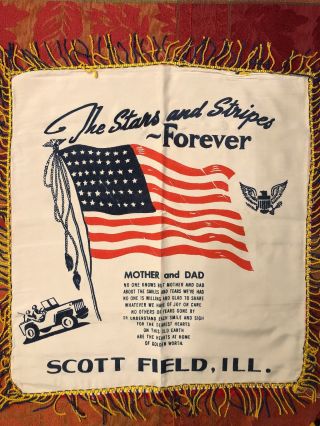 Vintage Military Silk Pillow Sham Cover Scott Field,  Ill.  Remembrance To Mom/dad