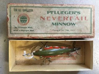 Pflueger Neverfail 3 Hook Wood Underwater Minnow Glass Eyes Fishing Lure W/box