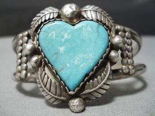 Very Rare Vintage Navajo Hand Carved Heart Turquoise Sterling Silver Bracelet