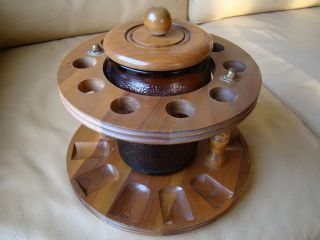 Vintage Wooden Smoking 10 Pipe Holder Rack Stand W/ Glass Tobacco Jar Humidor