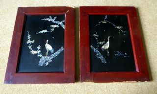 Antique Oriental Lacquered Panels Inlaid With Storks In Mother Of Pearl