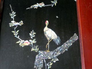 ANTIQUE ORIENTAL LACQUERED PANELS INLAID WITH STORKS IN MOTHER OF PEARL 2