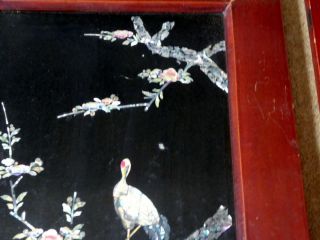 ANTIQUE ORIENTAL LACQUERED PANELS INLAID WITH STORKS IN MOTHER OF PEARL 3