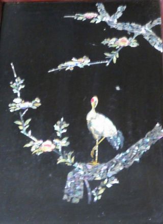 ANTIQUE ORIENTAL LACQUERED PANELS INLAID WITH STORKS IN MOTHER OF PEARL 4