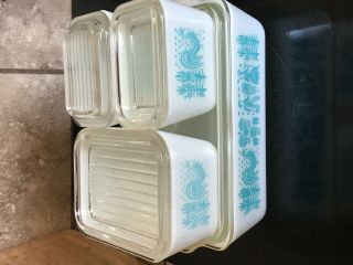 Vintage Pyrex Amish Butterprint Refrigerator Dishes 8 Piece Set Turquoise White
