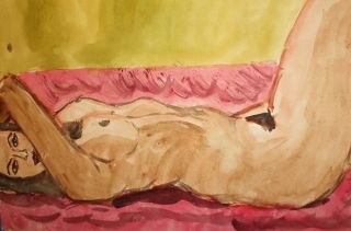 Vintage Watercolor Painting Impressionist Nude Female Portrait