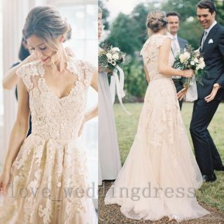 Vintage Country Boho Wedding Dresses Sheer Back Long Lace Applique Bridal Gowns