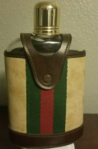 Vintage Glass Flask With Shotglass - Leather Casing With Green Red Stripe