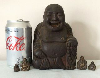 Antique Carved Wood Buddha Chinese Asian With 4 Bronze Buddhas And Scales
