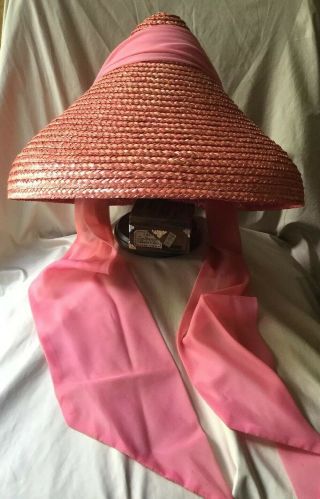 Vintage 60’s Happy Cappers Pink Movie Star Glamorous Straw Hat Long Ties