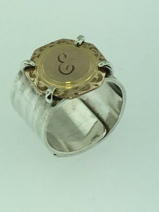 Vintage Sterling Silver And Gold Ring Engraved With The Letter “e” Size 5 Adjust