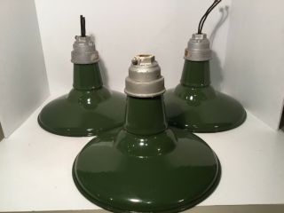 Vintage Benjamin Green Porcelain Enamel Barn Light,  12” Gas Station - Set Of 3