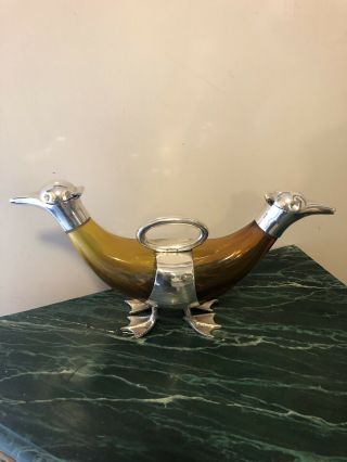 Unusual Yellow Glass Decanter Double Duck Head Silver Plated Mounts Bird