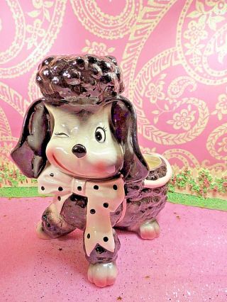 Vtg 1956 Winking Poodle Head Vase W Black Polka Dot Bow Tie Pink Cheeks 7 3/4 In