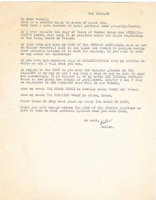 Vintage 1938 Letter From David H.  Keller To Forrest J Ackerman - Weird Tales