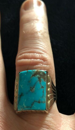 Rare Gorgeous 10k Wg Curved Art Deco Turquoise Ring Size 9.  5,  / -