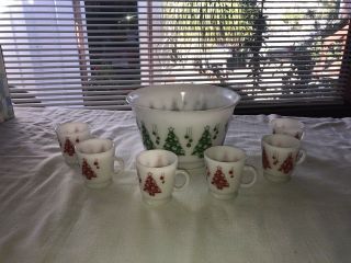 Rare Vintage Milk Glass Christmas Tree Punch Bowl Or Egg Nog Set.  6 Glasses.