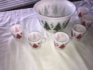 Rare Vintage Milk Glass Christmas Tree Punch Bowl Or Egg Nog Set.  6 Glasses. 2